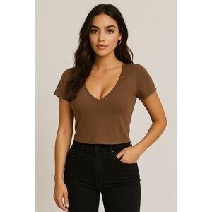 Reoria Women's Brown Pullover V Neck Short Sleeve Casual T Shirts Crop Top Sz M